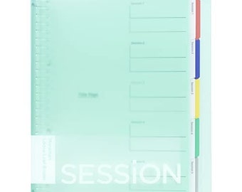 Może przedstawiać: Zielony plastikowy segregator z pięcioma oznaczonymi sekcjami do organizowania dokumentów. Sekcje są oznaczone "Session 1" do "Session 5" i są kodowane kolorami za pomocą zakładek w kolorze czerwonym, niebieskim, żółtym, zielonym i szarym.