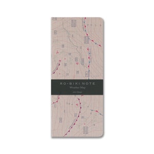 May include: A tan notebook with a weather map design. The cover features a grid with red and blue lines, and the text "RO-BIKI NOTE Weather Map" is printed in black.