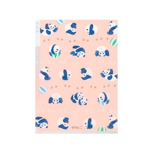 May include: A pink plastic folder with a repeating pattern of black and white pandas playing with blue and white beach balls. The folder has a clear plastic pocket on the front and a clear plastic spine with holes for a binder.