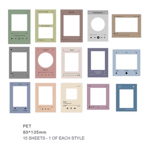 Könnte beinhalten: Ein Set mit 15 bedruckbaren Foto-Rahmen-Aufklebern in verschiedenen Farben und Designs. Jeder Aufkleber misst 80 mm x 135 mm. Die Aufkleber zeigen verschiedene Designs, darunter Musikplayer-Steuerelemente, Herzen und Pfeile.