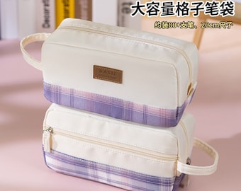 PURPLE Extra Large PLAID XL Angoo Canvas Pen Case Pencil Case Stationery Case Storage Case Travel Case Up to 80 Items | 215 x 85 x 105mm