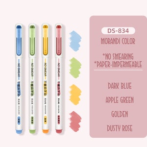 May include: Four highlighters with a white barrel and a clear cap. The highlighters are labeled "NO SMEAR 不晕染字迹" and "HIGHLIGHTER". The colors of the highlighters are dark blue, apple green, golden yellow, and dusty rose.