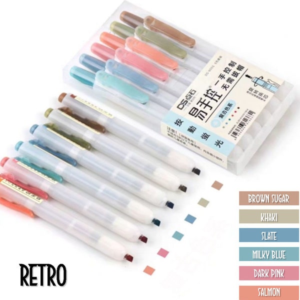 Dianshi RETRACTABLE RETRO Color Highlighter Set Refillable Highlighter Set Eco Conscious Four Series Six Pen Set 24 Colors | DS-805S