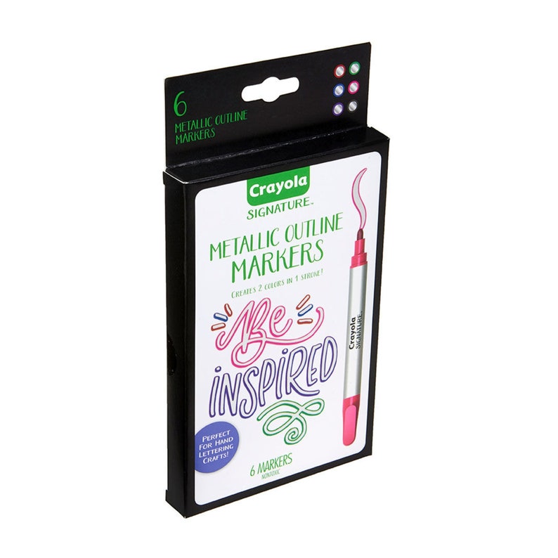 May include: A package of six Crayola Signature Metallic Outline Markers. The markers create two colors in one stroke. The package features the text "Be Inspired" in colorful lettering. Perfect for hand lettering and crafts.