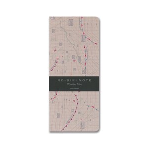 May include: A tan notebook with a weather map design. The cover features a grid with red and blue lines, and the text "RO-BIKI NOTE Weather Map" in black.