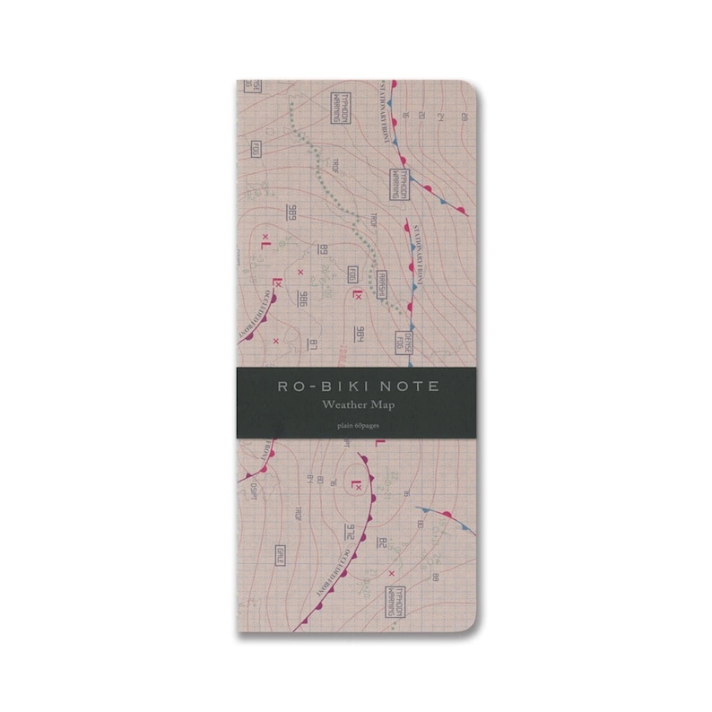 May include: A tan notebook with a weather map design. The cover features a grid with red and blue lines, and the text "RO-BIKI NOTE Weather Map" in black.