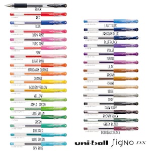 May include: A selection of uni-ball Signo DX gel pens in a range of colours, such as black, red, and blue. Each pen features a clear barrel and a coloured ink reservoir, with the ink colour labelled underneath. The pens are displayed in rows.