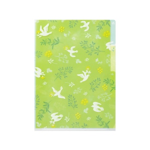 May include: A green plastic folder with a white dove and floral pattern. The folder has three pockets for organizing papers.
