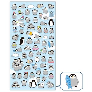 May include: A sheet of stickers featuring various penguin illustrations. The penguins are depicted in different poses, including swimming, holding fish, wearing hats, and cuddling. The stickers are on a light blue background with white clouds.