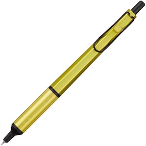May include: A yellow mechanical pencil with a black clip and a black tip. The pencil has a textured barrel.