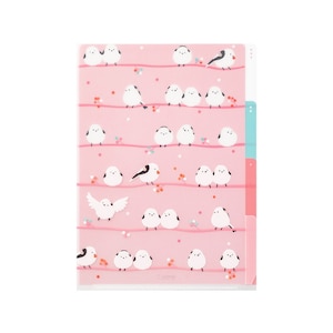 May include: A pink plastic file folder with a design of white birds on branches. The folder has four tabs, each with a different color.
