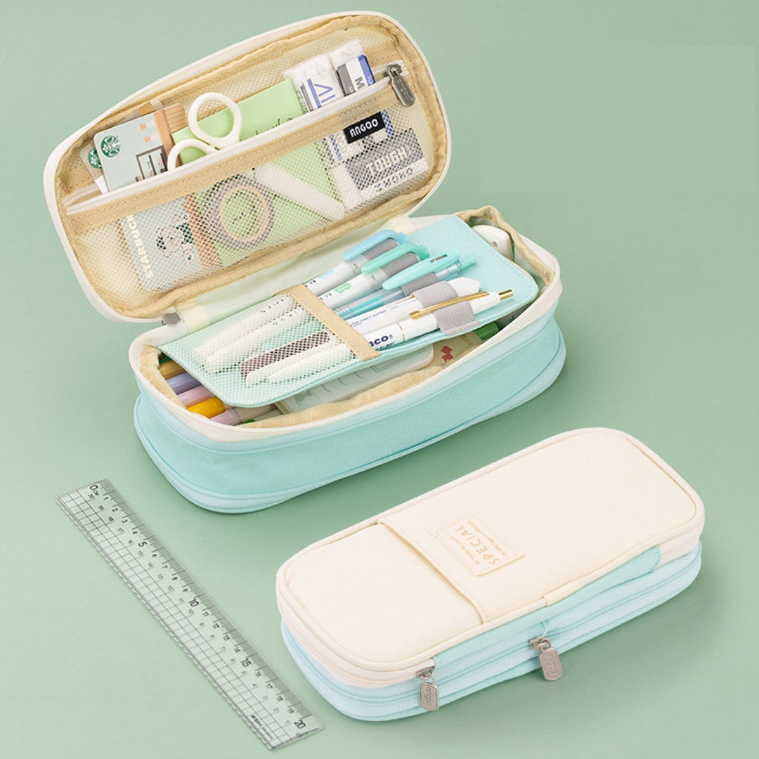 ANGOO MINT GREEN Expandable Canvas Pen Case Pencil Case Expandable Case  Storage Case 