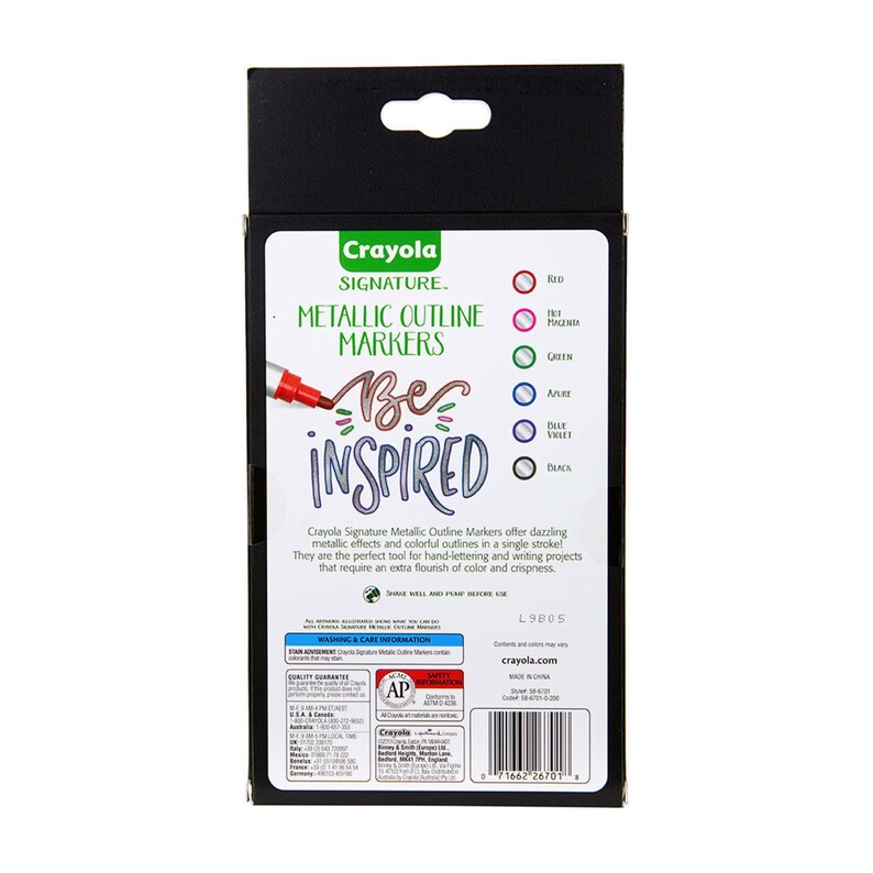 May include: Crayola Signature Metallic Outline Markers packaging with a red, pink, green, blue, purple, black, and silver marker. The packaging features the text "Be Inspired" and a description of the markers.