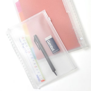 May include: A clear plastic zippered pouch with a black pen, a white eraser with the word "Gambol" printed on it, and a ruler with the word "Camiyu" printed on it.