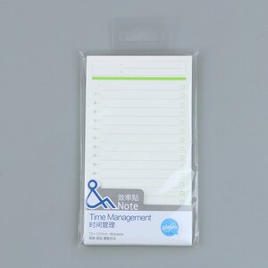 May include: A pack of 40 time management note pads with a green line and a check box on each page. The pack is labeled "Efficiency Note" and "Time Management" in English and Chinese. The note pads are 72 x 127 mm.