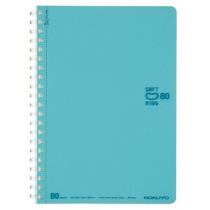 Puede incluir: Un cuaderno en espiral turquesa con el texto "SOFT 80 RING" y "80 hojas". El cuaderno tiene una encuadernación en espiral de plástico transparente y una línea de puntos con un icono de tijeras. El cuaderno mide 18,2 cm x 12,8 cm.