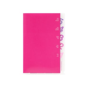 May include: A pink folder with five clear pockets labeled with numbers one through five in English, French, Italian, and Spanish.