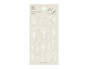 May include: White pop-up stickers featuring various floral designs. The stickers are on a beige background with the text "POP-UP Sticker" and "Make up your life".