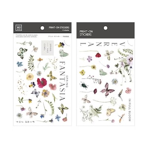 May include: Two sheets of print-on stickers featuring watercolor illustrations of butterflies, flowers, and leaves. The stickers are titled "Spring Fantasia" and "Vernal in Full Bloom".