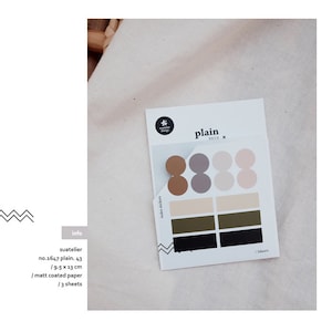 May include: A set of 3 sheets of plain, matte coated paper index stickers with 8 round and 6 rectangular stickers in various colors, including brown, purple, pink, green, and black. The stickers are 9.5 cm by 13 cm.