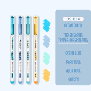 May include: Four highlighters with a white barrel and a clear cap. The highlighters are labeled "NO SMEAR" and have the text "不晕染字迹" in Chinese. The highlighters are in the colors ocean blue, dark blue, aqua blue, and golden yellow. The text "DS-834 OCEAN COLOR *NO SMEARING *PAPER-IMPERMEABLE" is in the upper right corner of the image. Below the text are the words "OCEAN BLUE", "DARK BLUE", "AQUA BLUE", and "GOLDEN".