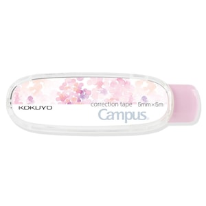 May include: A pink and white correction tape dispenser with a floral design. The dispenser is labeled "KOKUYO Campus correction tape 5mm x 5m".