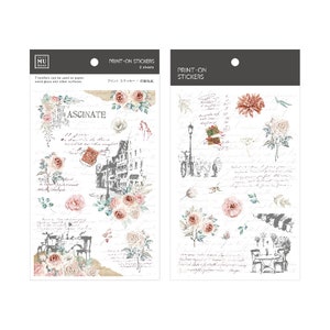 May include: Two sheets of vintage-style print-on stickers featuring floral designs, handwritten text, and a cityscape. The stickers are on a white background and are perfect for adding a touch of charm to your crafts.