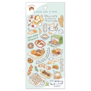 May include: A sheet of stickers featuring illustrations of bread, pastries, and baking supplies. The stickers are in a cartoon style and have a light blue background. The text on the stickers reads "Choosy Life Sticker", "Calm Early Afternoon", "The Bread Was Baked Light and Fluffy", and "Euphoria".