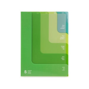 May include: A green five-pocket clear folder with five color-coded dividers labeled with numbers and words in English, French, and Italian. The folder has a label that says "5 Pockets Clear Folder".