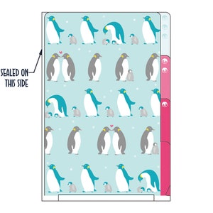 May include: A blue and pink file folder with a penguin pattern. The folder has three pockets and a label that says "Sealed on this side".