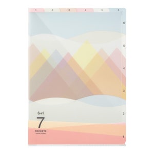 May include: A clear plastic folder with 7 pockets, featuring a colourful mountain and sky design. The folder has numbered tabs for easy organisation. The text "6+1" and "7 POCKETS CLEAR FOLDER" is printed on the front.