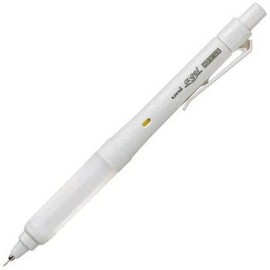 Peut inclure: Crayon mécanique blanc avec une gomme jaune et une pointe rétractable. Le crayon est doté d'un clip et le nom de la marque "uni-ball Signo" est imprimé sur le côté.