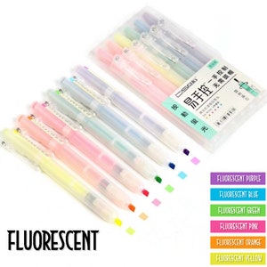 May include: A set of six translucent highlighter pens with a clear plastic barrel and a colored tip. The colors are fluorescent purple, blue, green, pink, orange, and yellow. The pens are labeled in Japanese and English with the text "Easy to control, no need to remove the cap, press to highlight, fluorescent".