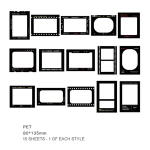 Könnte beinhalten: Ein Set mit 15 schwarzen und weißen Foto-Rahmen-Aufklebern, jeder mit einem anderen Design. Die Aufkleber sind 80 mm x 135 mm groß und aus PET-Material.