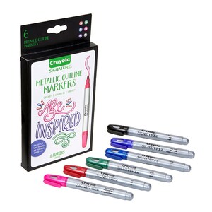 May include: A set of six Crayola Signature Metallic Outline Markers in a black box. The markers are silver with colored caps and tips. The colors are pink, red, green, blue, black, and silver. The box has the text "Crayola Signature Metallic Outline Markers" and "Be Inspired".