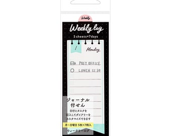 May include: A pack of weekly planner stickers with a light blue and white design. The stickers feature a small notepad with the word "Monday" written on it. The text "Weekly lag 5 sheets x 7 days" is printed on the front of the pack.