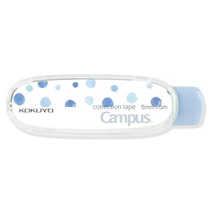 May include: A blue and white correction tape dispenser with a polka dot pattern and the text "correction tape 5mm x 5m Campus" printed on it.