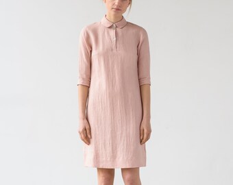 Ready to ship - Shirt collar dress, Shift dress, Soft linen dress, Tunic dress, Shirt dress,Washed linen clothing, EMILY dress in light pink