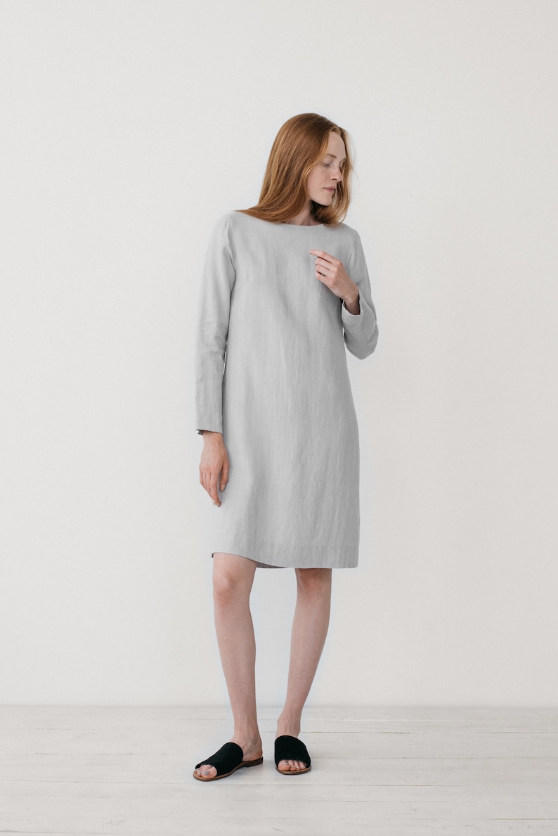 Ready to ship Linen tunic dress, Long sleeve dress, Shift dress, Grey minimal dress, Simple linen dress, Soft linen dress, ELSA dress XS bluish gray