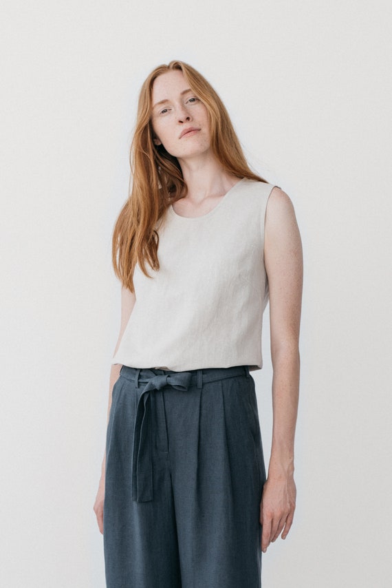 Cream tank top Women's sleeveless top Linen outfit | Etsy