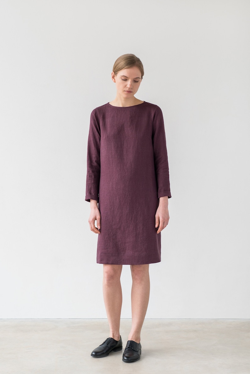 Ready to ship Linen tunic dress, Long sleeve dress, Shift dress, Grey minimal dress, Simple linen dress, Soft linen dress, ELSA dress XS burgundy