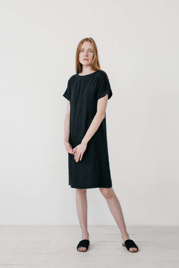black linen shift dress