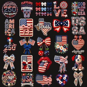 May include: A selection of red, white, and blue crochet items with patriotic themes. The image includes bows, flags, and heart shapes, with text such as "America," "USA," and "250 Years of Freedom."