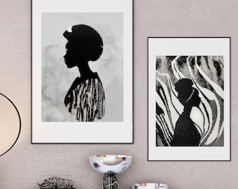 Arte mural de mujer negra, lámina figurativa minimalista, retrato decorativo de mujer africana, arte imprimible de silueta neutra, descarga digital