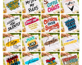 Paquete de 16 imágenes PNG motivacionales, frases inspiradoras de afirmación, paquete de sublimación de tipografía moderna, citas positivas, descarga digital.
