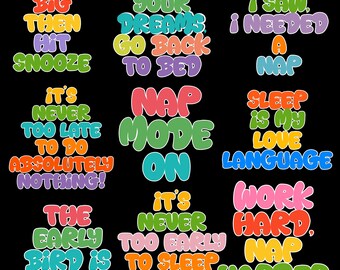 Paquete de PNG con frases divertidas, diseños de camisetas con frases sarcásticas, archivos de sublimación con humor retro, paquete de camisetas gráficas con frases para dormir, descarga digital.