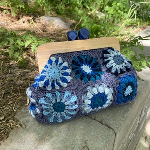 Crochet Granny Square Purse: Handmade Blue Clutch with Wooden Lock