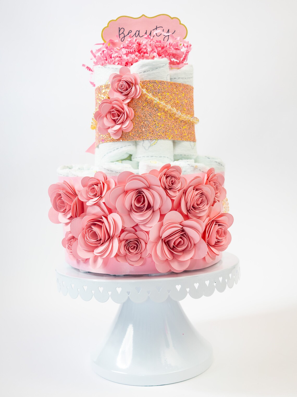 Pink Rose Diaper Cake, Baby Girl Shower Centerpiece Decor Gift, Gift ...