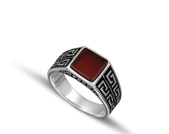 Sterling Silver 925 Men's Silver Ring with a square red agate stone