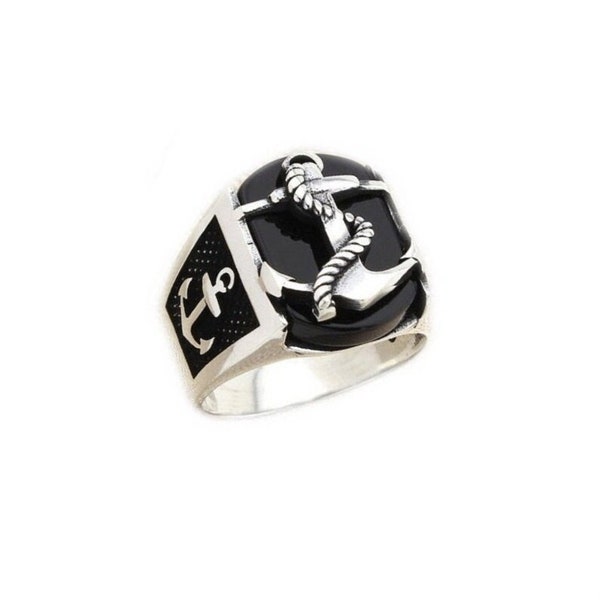 Bague ancre nautique pour homme en argent sterling avec pierre d'onyx